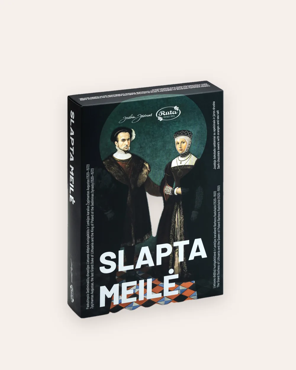 Juodojo šokolado saldainių „Slapta meilė“ dėžutė su Barboros ir Augusto portretu, vaizdas iš priekio