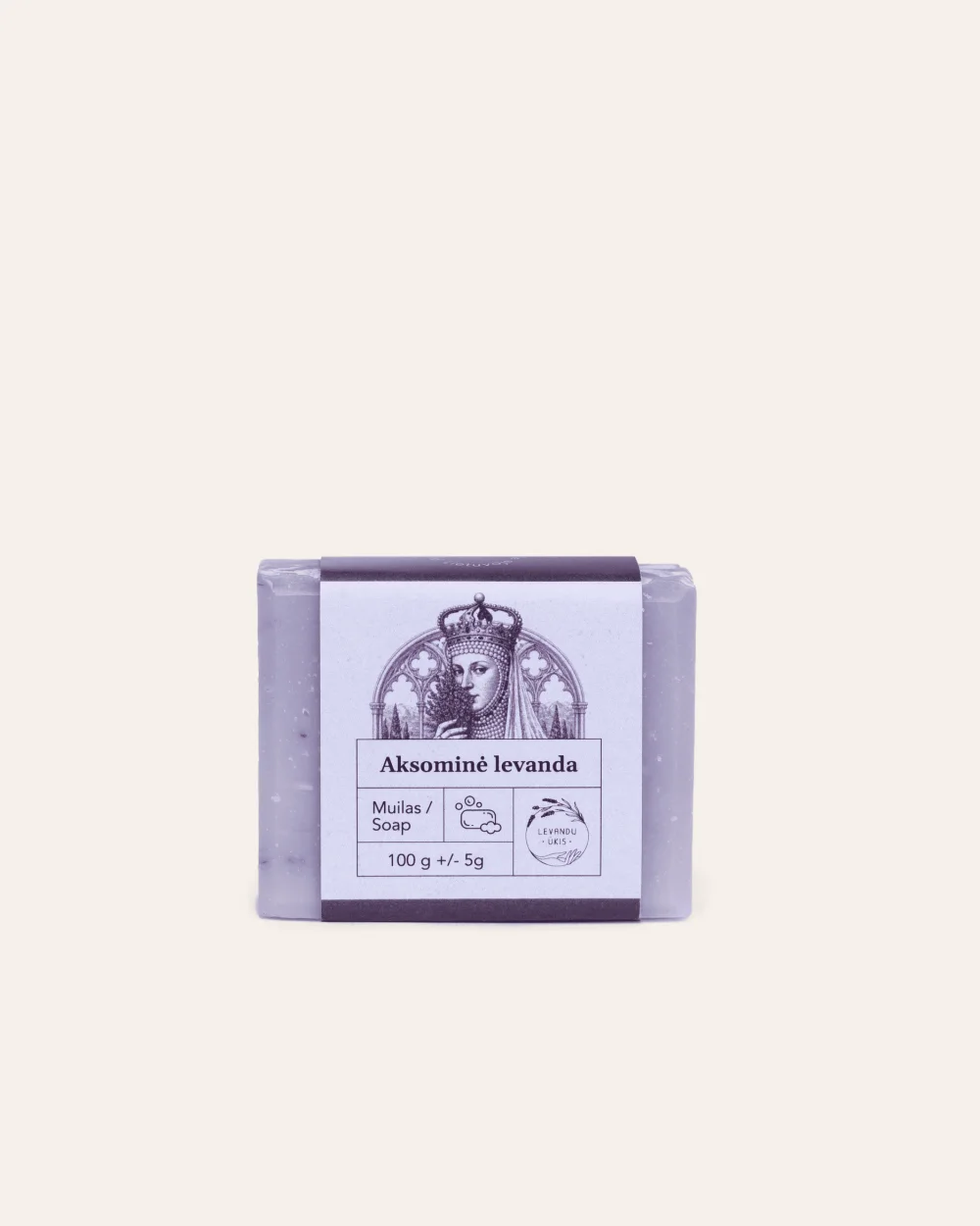 Kieto muilo „Aksominė levanda“ 100 g gabalas su violetine etikete, vaizdas iš priekio