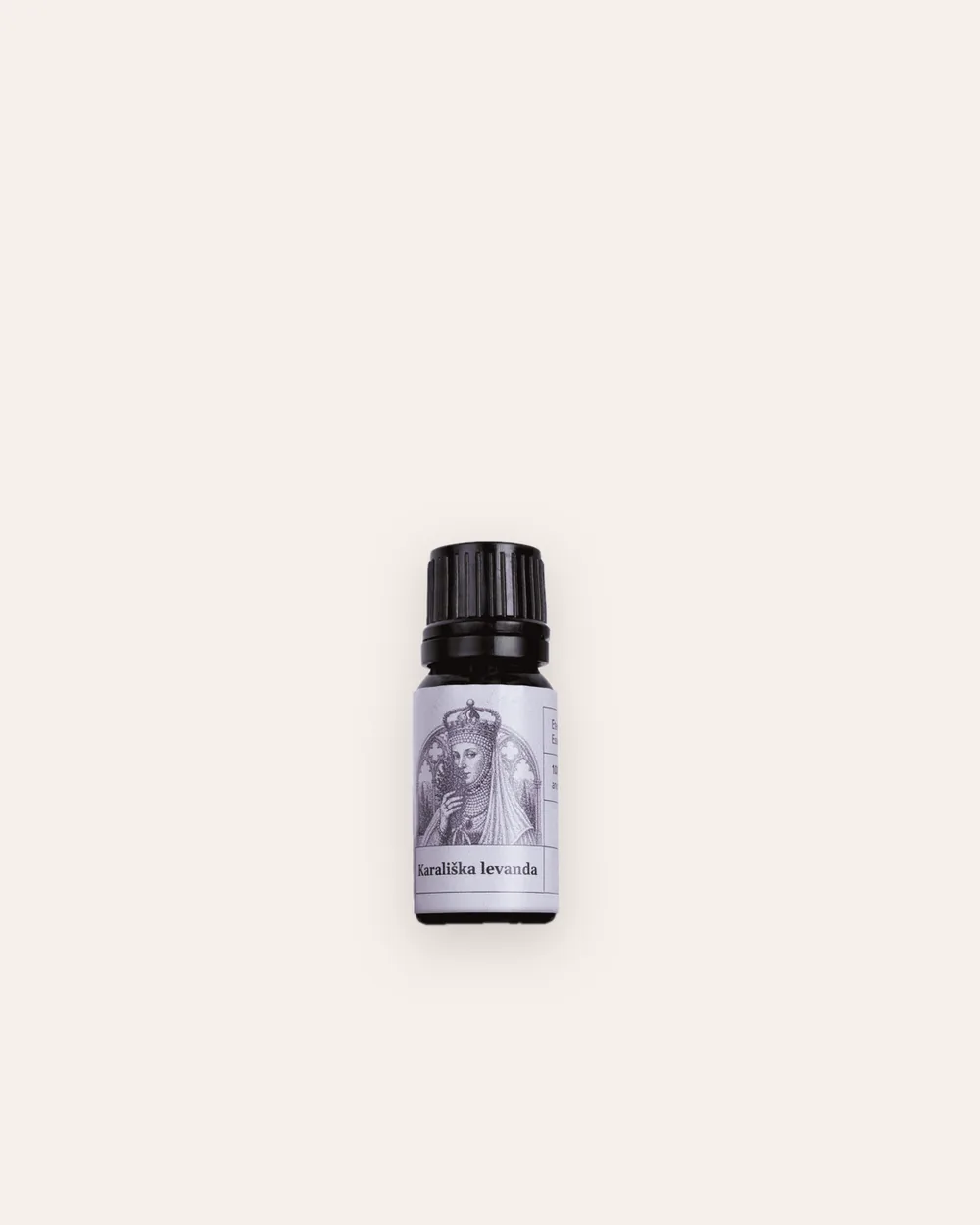 One dark glass bottle of “Royal Lavender” lavender essential oil on a light background
