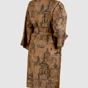 Cinamono spalvos satino chalatas kimono „Karališko Vilniaus meilės istorija“, vaizdas iš nugaros