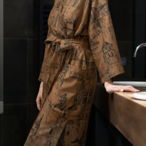 Modelė cinamono chalatu kimono „Karališko Vilniaus meilės istorija“ vonioje prie stalviršio, iš šono