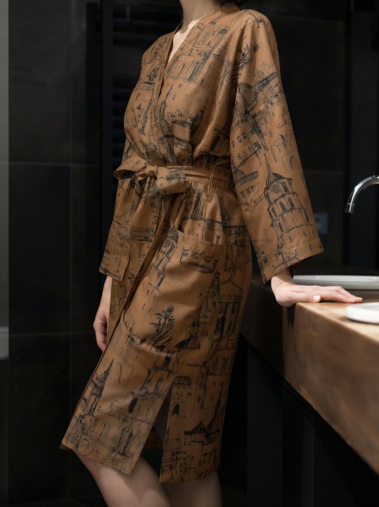 Modelė cinamono chalatu kimono „Karališko Vilniaus meilės istorija“ vonioje prie stalviršio, iš šono