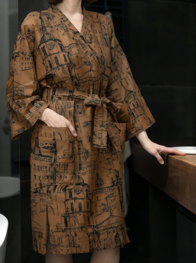 Modelė cinamono chalatu kimono „Karališko Vilniaus meilės istorija“ vonios interjere, priekis