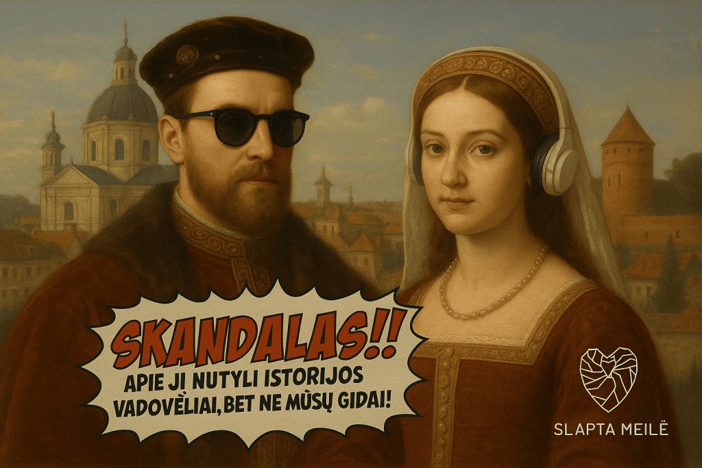 Plakatas „Skandalas!!“ su pora akiniais ir ausinėmis – ekskursija „Karališkos Vilniaus meilės istorijos“