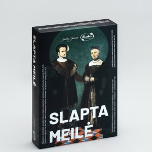 Juodojo šokolado saldainių „Slapta meilė“ dėžutė su Barboros ir Augusto portretu, vaizdas iš priekio