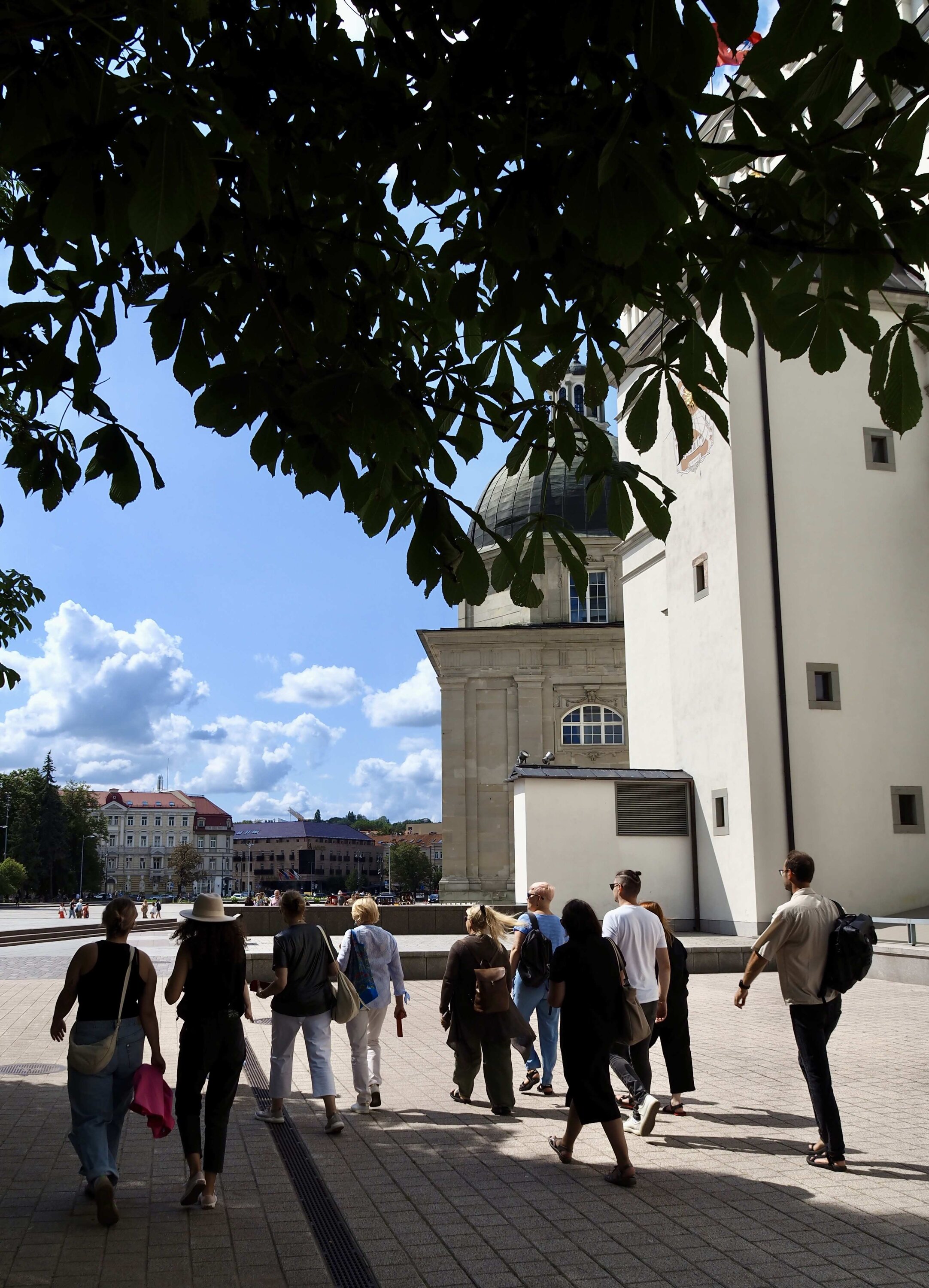 Ekskursijos grupė eina link Valdovų rūmų pro medžių šakas – „Karališkos Vilniaus meilės istorijos“