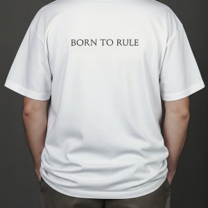 Baltų marškinėlių „KARŪNA“ nugara su užrašu „Born to rule“ ant vyro