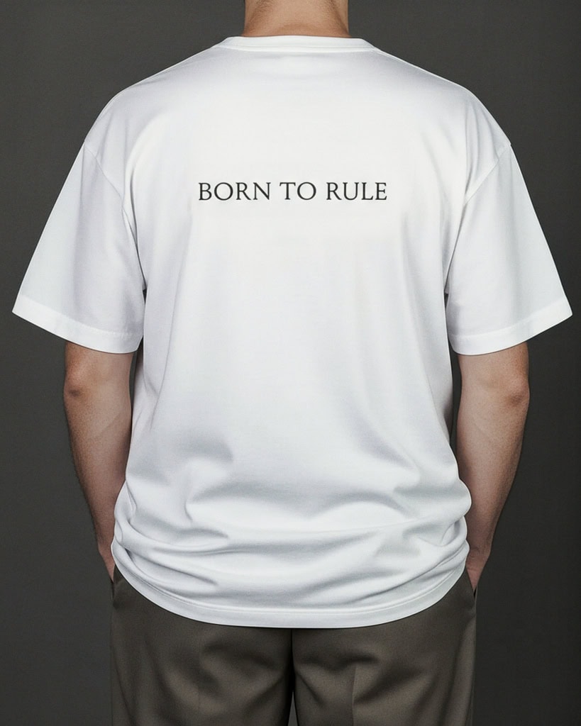 Baltų marškinėlių „KARŪNA“ nugara su užrašu „Born to rule“ ant vyro