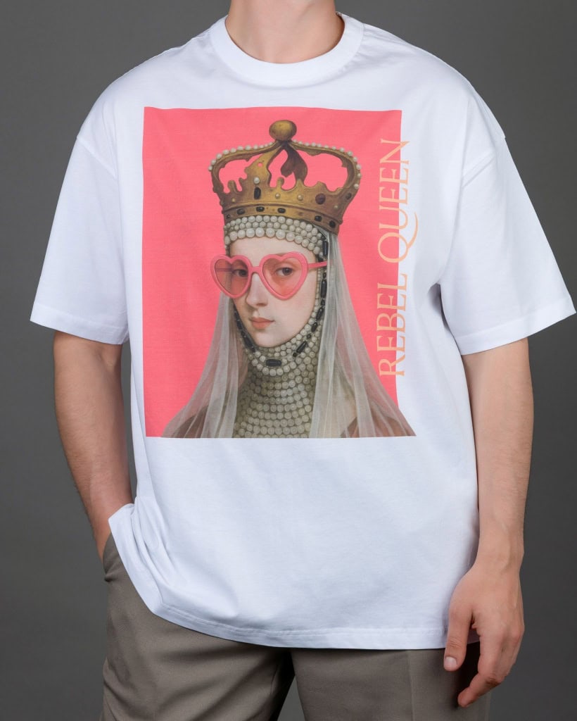 Vyras su baltais marškinėliais „REBEL QUEEN“, ranka kišenėje, vaizdas iš arti