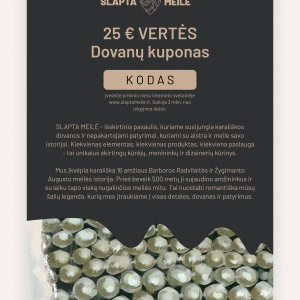 SLAPTA MEILĖ 25 € vertės dovanų kuponas tamsiame fone su perlų fragmentu apačioje
