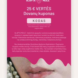 Rožinis SLAPTA MEILĖ 25 € vertės dovanų kuponas su lūpų ir perlų fragmentu
