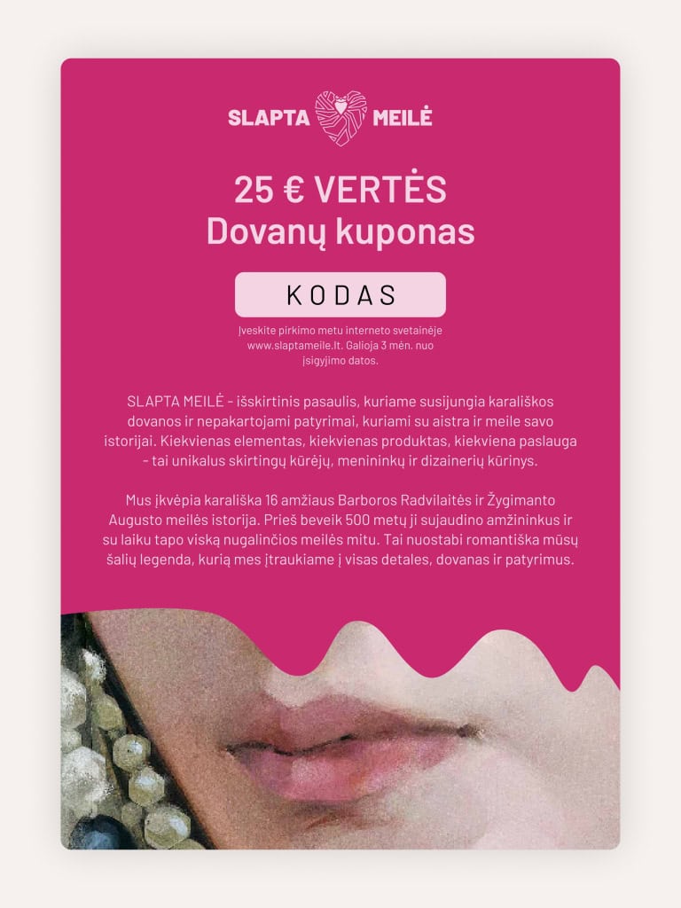 Rožinis SLAPTA MEILĖ 25 € vertės dovanų kuponas su lūpų ir perlų fragmentu
