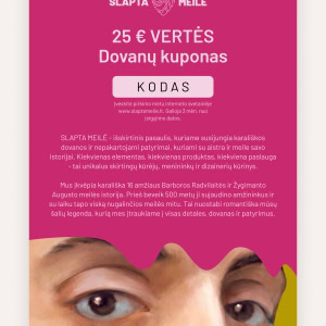 Rožinis SLAPTA MEILĖ 25 € vertės dovanų kuponas su portreto akių fragmentu