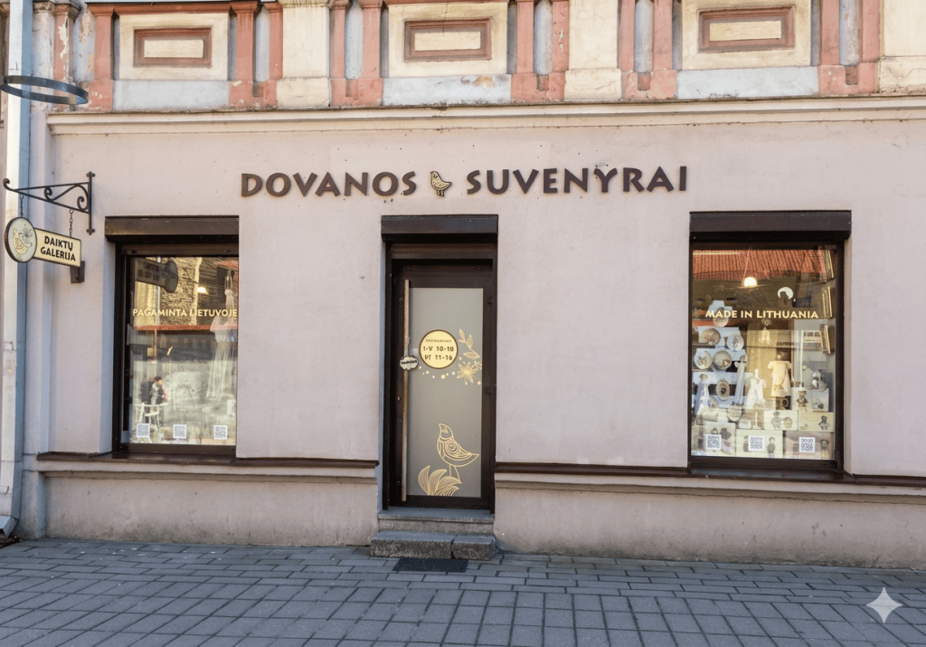 Daiktų galerijos Kaune fasadas su užrašu „Dovanos suvenyrai“ ir vitrinomis