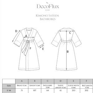 Chalato kimono „Jūsų Didenybei“ išmatavimų schema ir dydžių lentelė S/M ir L/XL