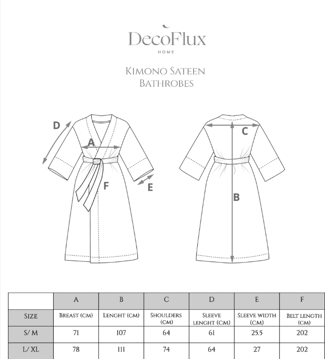 Chalato kimono „Jūsų Didenybei“ išmatavimų schema ir dydžių lentelė S/M ir L/XL