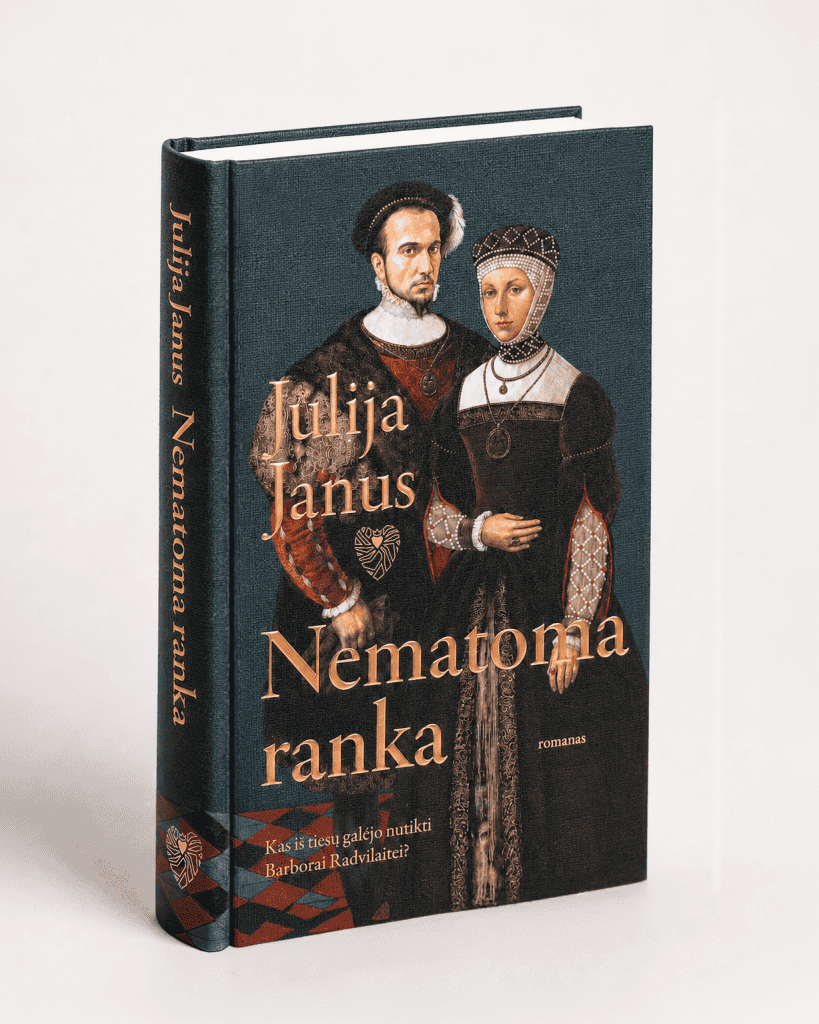 Julijos Janus knyga „Nematoma ranka“ su istorinės poros portretu viršelyje, vaizdas kampu
