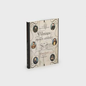 Liudos Matonienės knyga „Vilnius: meilės stotelės“ su portretų medalionais, vaizdas kampu