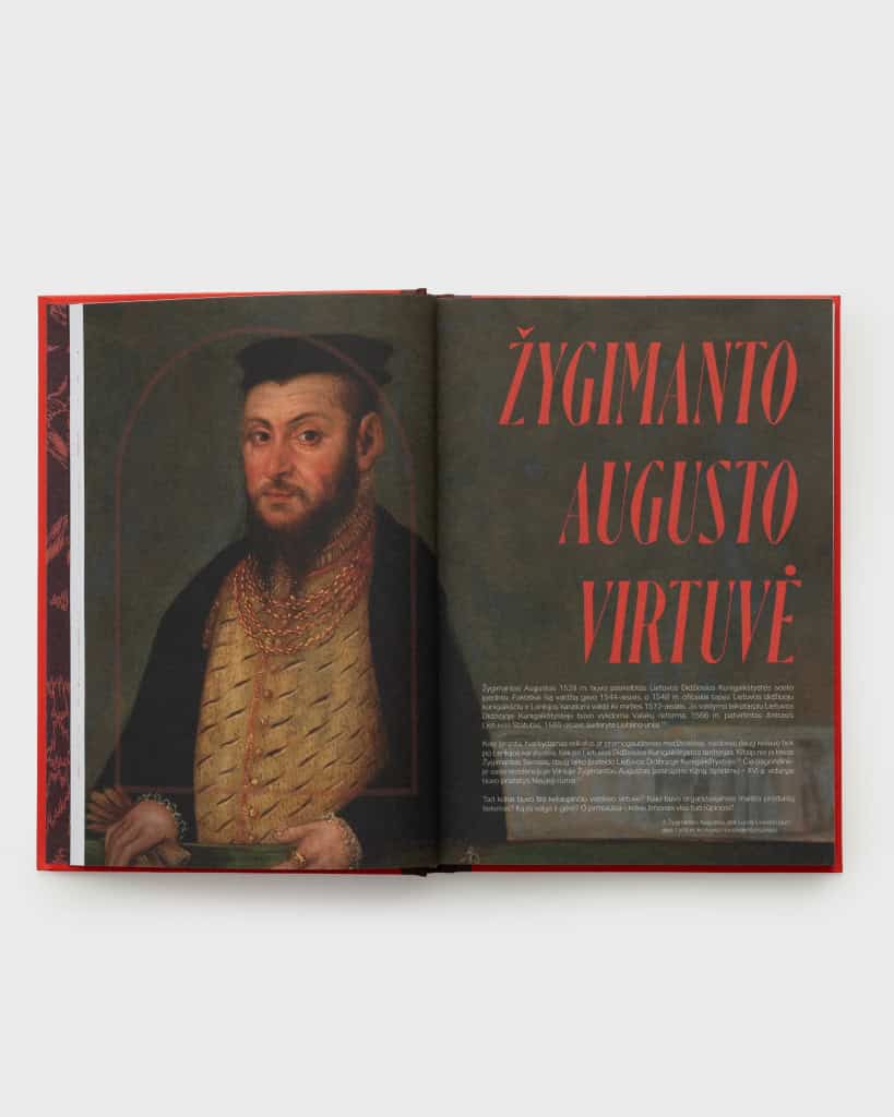 Atversta knyga „Valdovai valgo“ su Žygimanto Augusto portretu ir užrašu „Žygimanto Augusto virtuvė“