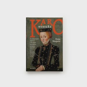 Knygos „Karo nuotaka“ priekinis viršelis su raudonu pavadinimu ir moters portretu