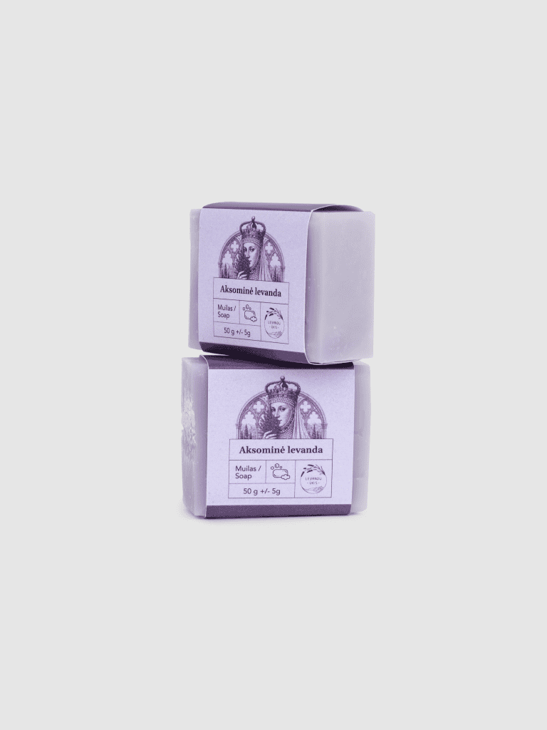 Du sukrauti kieto muilo „Aksominė levanda“ 50 g gabalėliai su violetinėmis etiketėmis