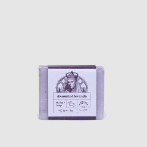 Kieto muilo „Aksominė levanda“ 100 g gabalas su violetine etikete, vaizdas iš priekio