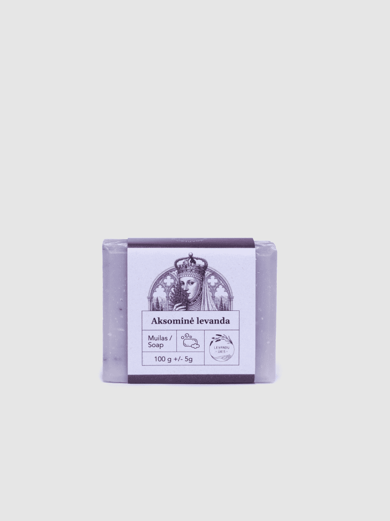 Kieto muilo „Aksominė levanda“ 100 g gabalas su violetine etikete, vaizdas iš priekio