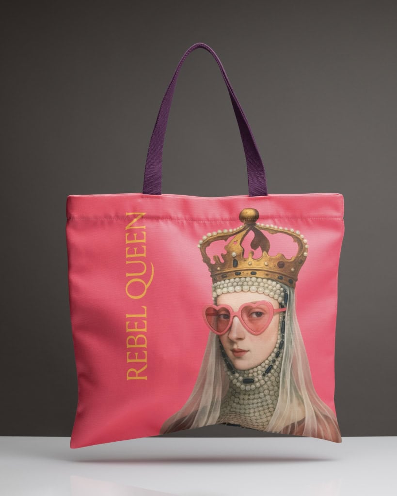 Rožinis medžiaginis krepšys „Rebel Queen“ su karalienės portretu, karūna ir širdelės akiniais